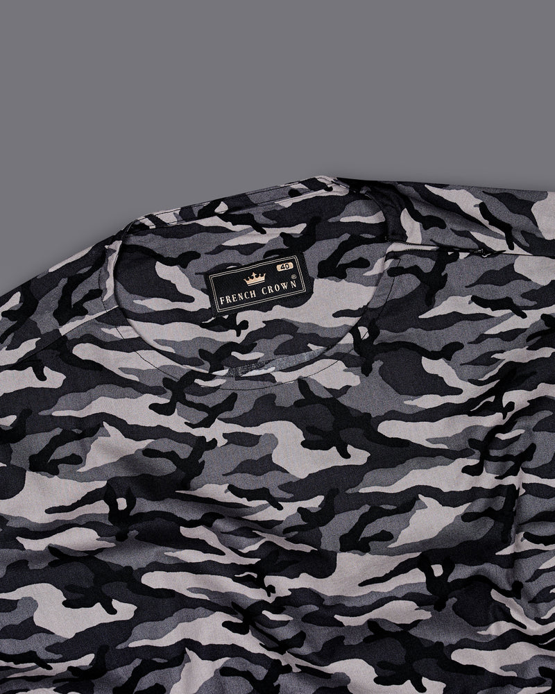 Half Camouflage Printed and Half-Black Royal Oxford Designer Bush Shirt 8912-WOC-P339-H-38,8913-MB-H-39,8913-MB-H-40,8913-MB-H-42,8913-MB-H-44,8913-MB-H-46,8913-MB-H-48,8913-MB-H-50,8912-WOC-P339-H-52