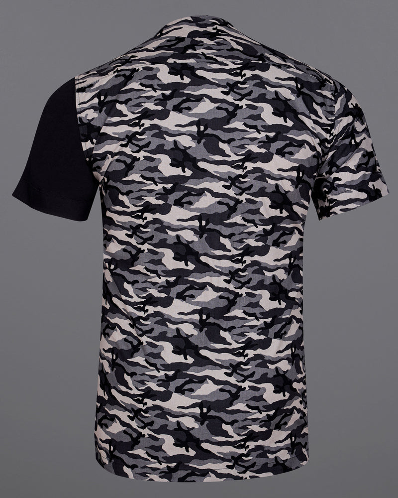 Half Camouflage Printed and Half-Black Royal Oxford Designer Bush Shirt 8912-WOC-P339-H-38,8913-MB-H-39,8913-MB-H-40,8913-MB-H-42,8913-MB-H-44,8913-MB-H-46,8913-MB-H-48,8913-MB-H-50,8912-WOC-P339-H-52