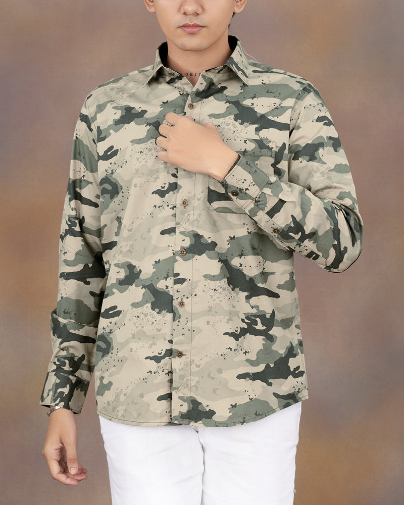 Amber Brown with Outer Space Green Camouflage Printed Royal Oxford Designer Shirt