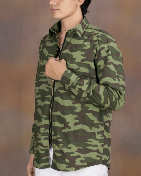 Mallard Green with Fuscous Brown Camouflage Printed Royal Oxford Designer zipper Jacket