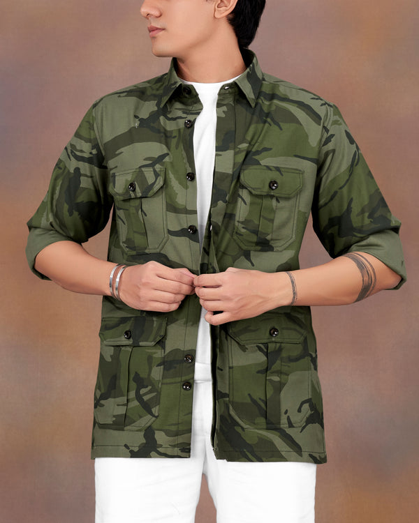Finch Green with Taupe Brown Camouflage Printed Royal Oxford Designer Overshirt