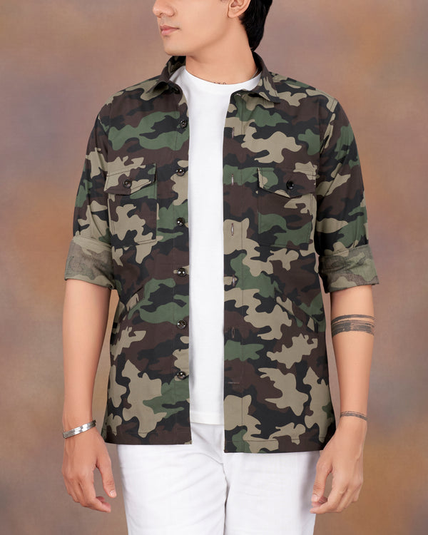 Bronco Brown with Ironside Green Camouflage Printed Royal Oxford Designer Overshirt