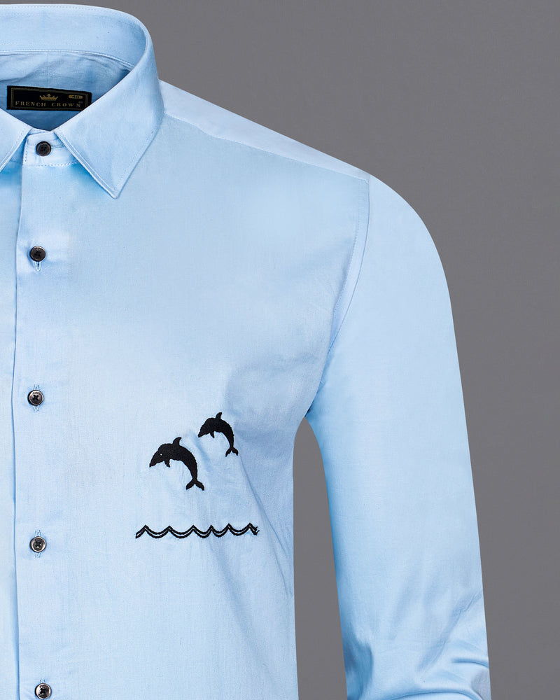 Spindle Blue Fish Embroidered Super Soft Premium Cotton Shirt