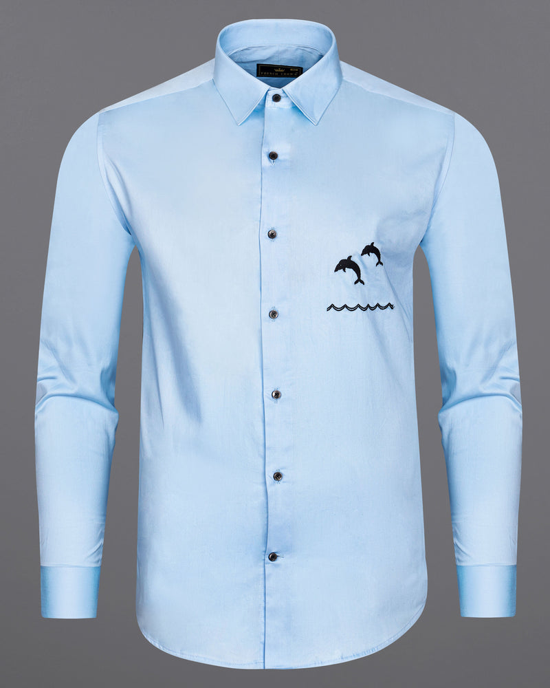 Spindle Blue Fish Embroidered Super Soft Premium Cotton Shirt