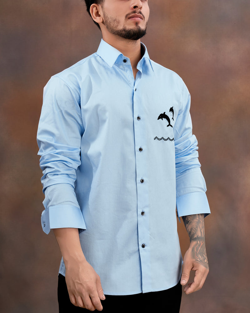 Spindle Blue Fish Embroidered Super Soft Premium Cotton Shirt