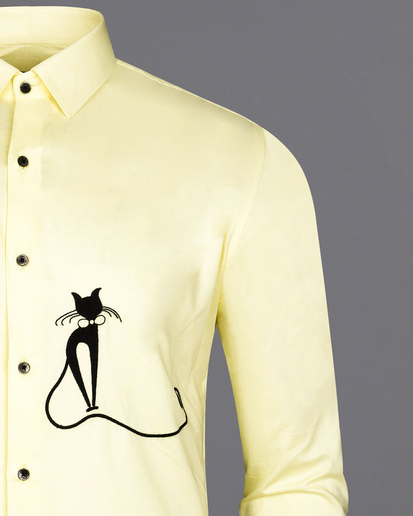 Citrine Yellow With Cat Embroidered Super Soft Premium Cotton Shirt