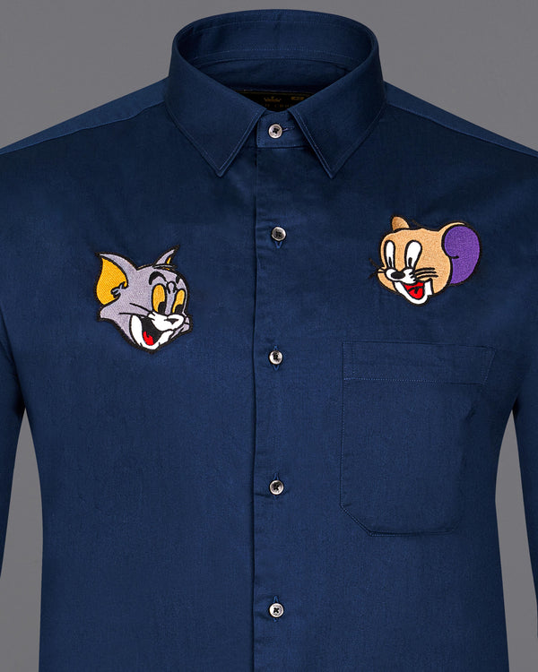 Zodiac Blue With Multicolour Tom and Jerry Embroidered Super Soft Premium Cotton Shirt