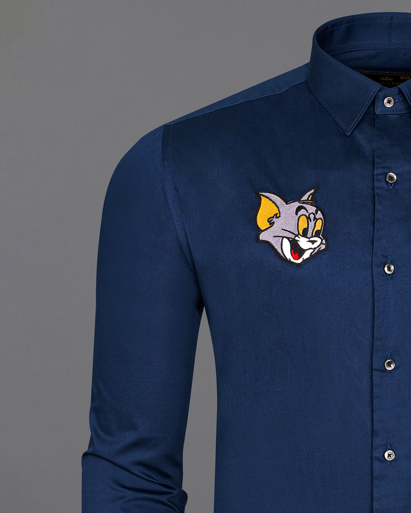 Zodiac Blue With Multicolour Tom and Jerry Embroidered Super Soft Premium Cotton Shirt