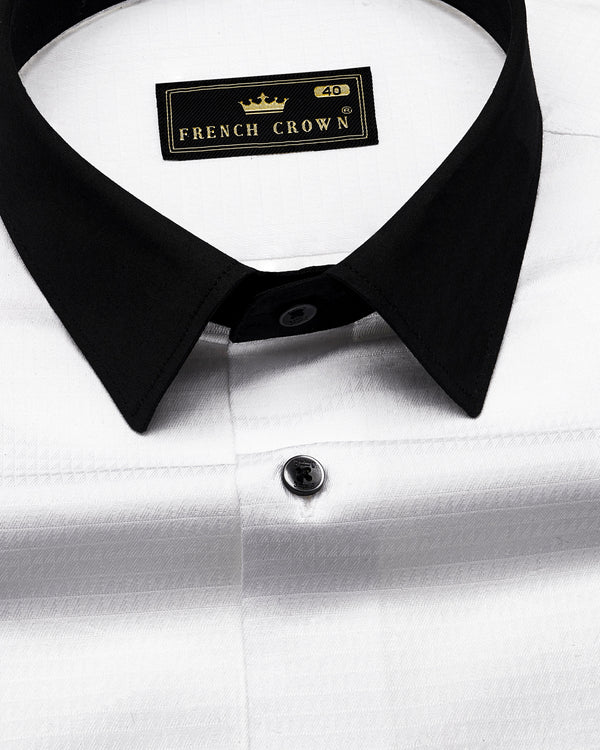 Bright White with Black Cuffs and Collar Dobby Textured Premium Giza Cotton Shirt