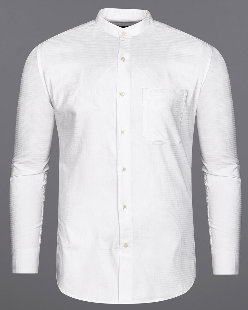 Bright White Dobby Textured Premium Giza Cotton Mandarin Collar Shirt