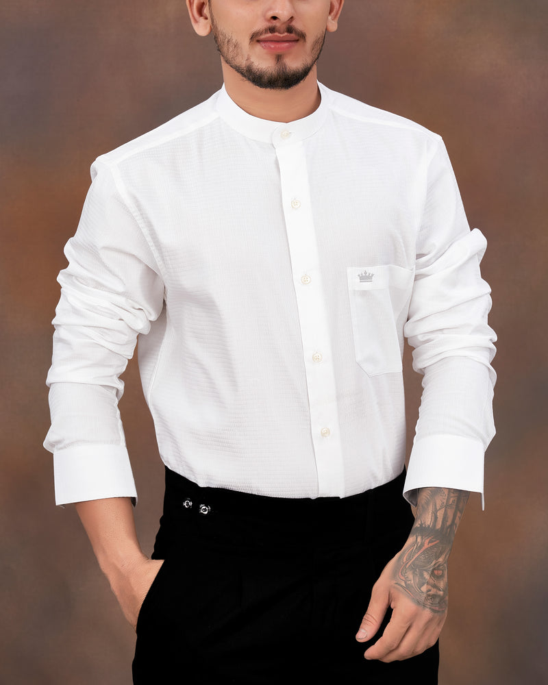 Bright White Dobby Textured Premium Giza Cotton Mandarin Collar Shirt