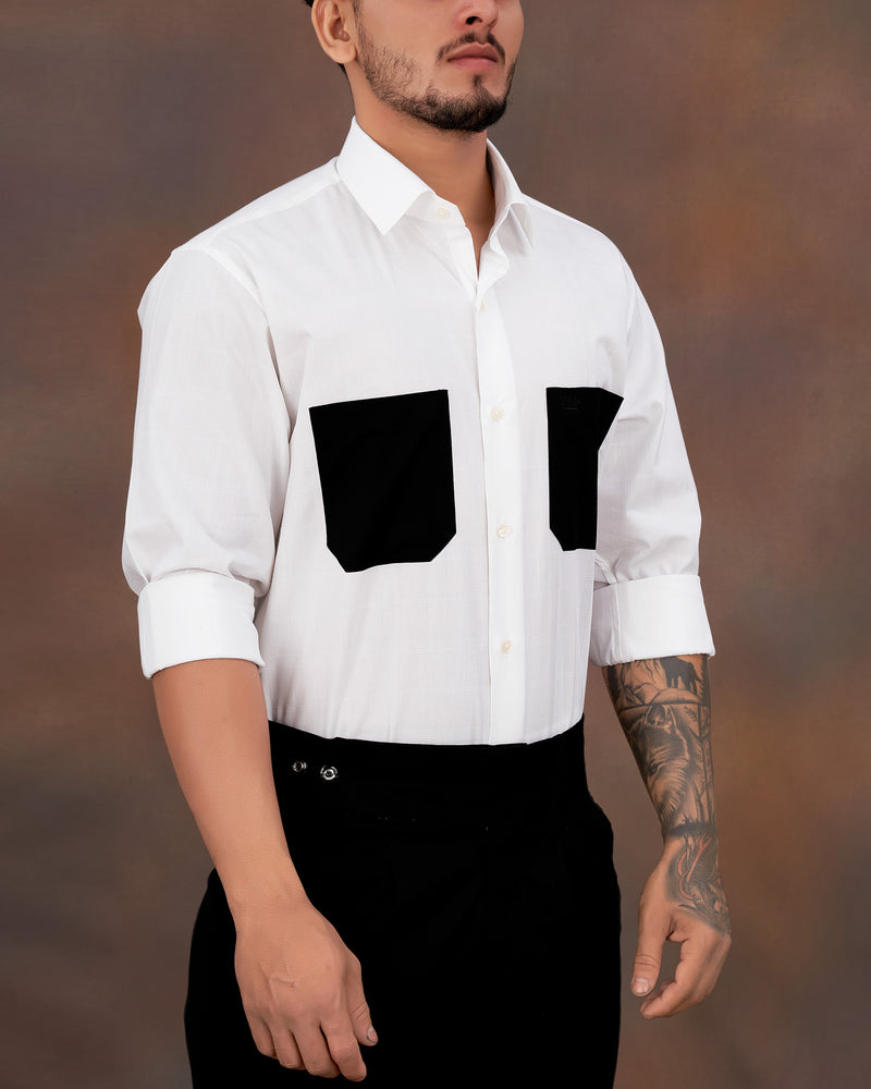 Bright White with Black Patch Pockets Dobby Textured Premium Giza Cotton Designer Shirt