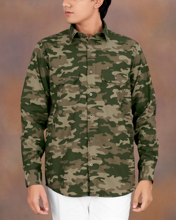 Wenge Brown with Charcoal Green Camouflage Printed Royal Oxford Designer Shirt