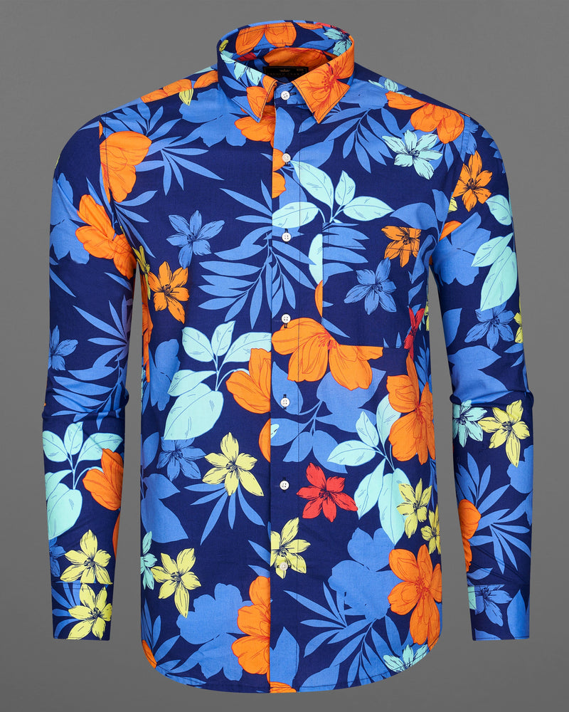 Zodiac Blue with Multicolour Floral Printed Premium Cotton Shirt