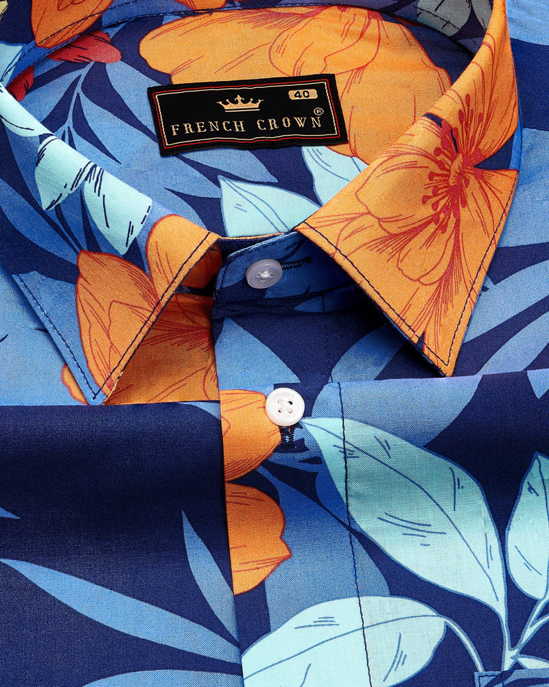 Zodiac Blue with Multicolour Floral Printed Premium Cotton Shirt