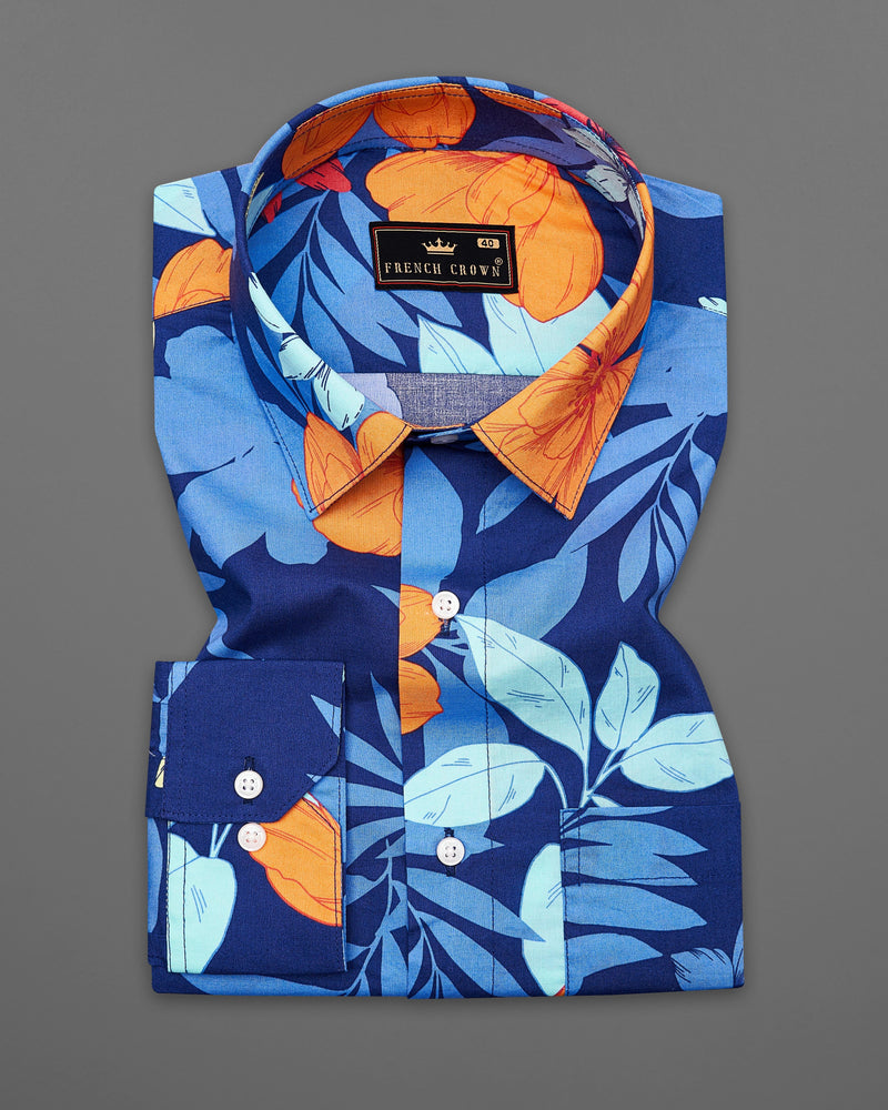 Zodiac Blue with Multicolour Floral Printed Premium Cotton Shirt