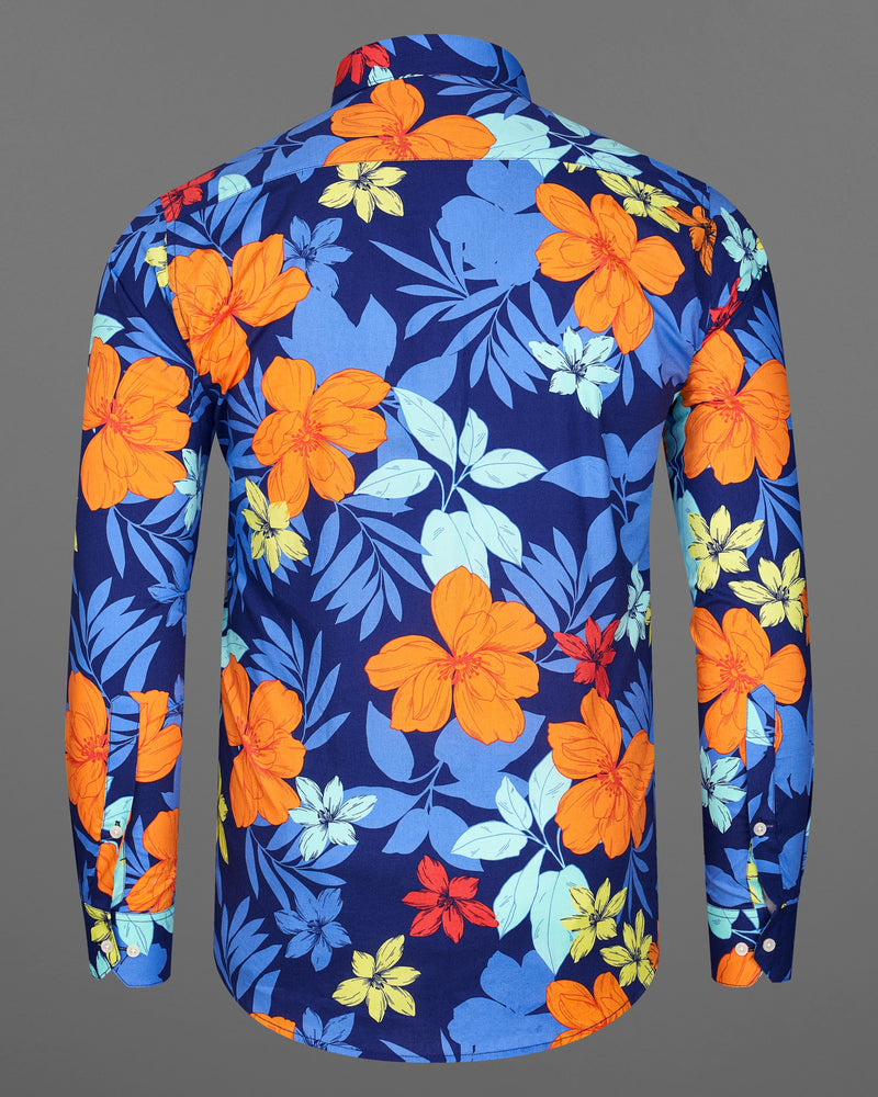 Zodiac Blue with Multicolour Floral Printed Premium Cotton Shirt