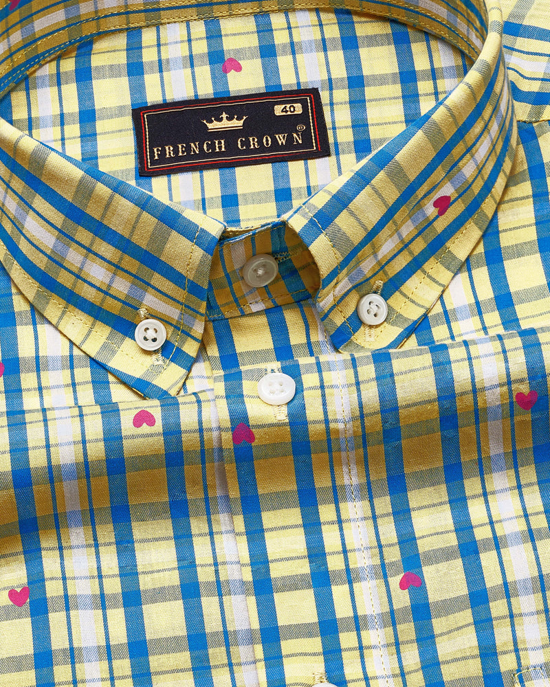 Marzipan Yellow with Matisse Blue Checkered with Heart Printed Premium Cotton Shirt