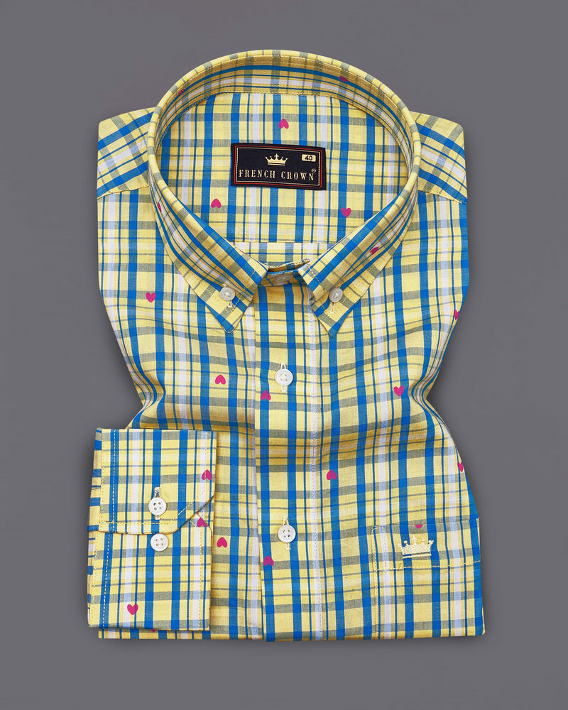 Marzipan Yellow with Matisse Blue Checkered with Heart Printed Premium Cotton Shirt