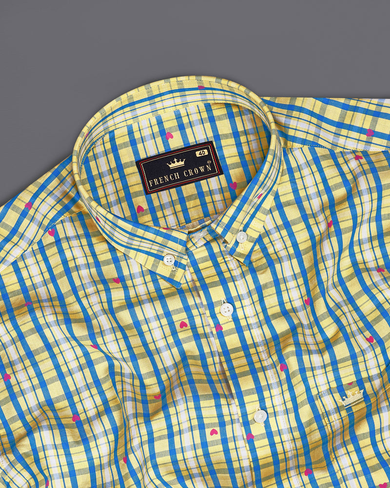 Marzipan Yellow with Matisse Blue Checkered with Heart Printed Premium Cotton Shirt