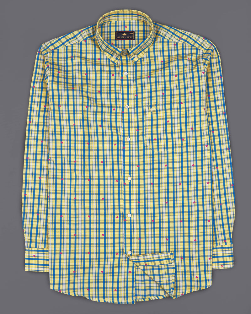 Marzipan Yellow with Matisse Blue Checkered with Heart Printed Premium Cotton Shirt