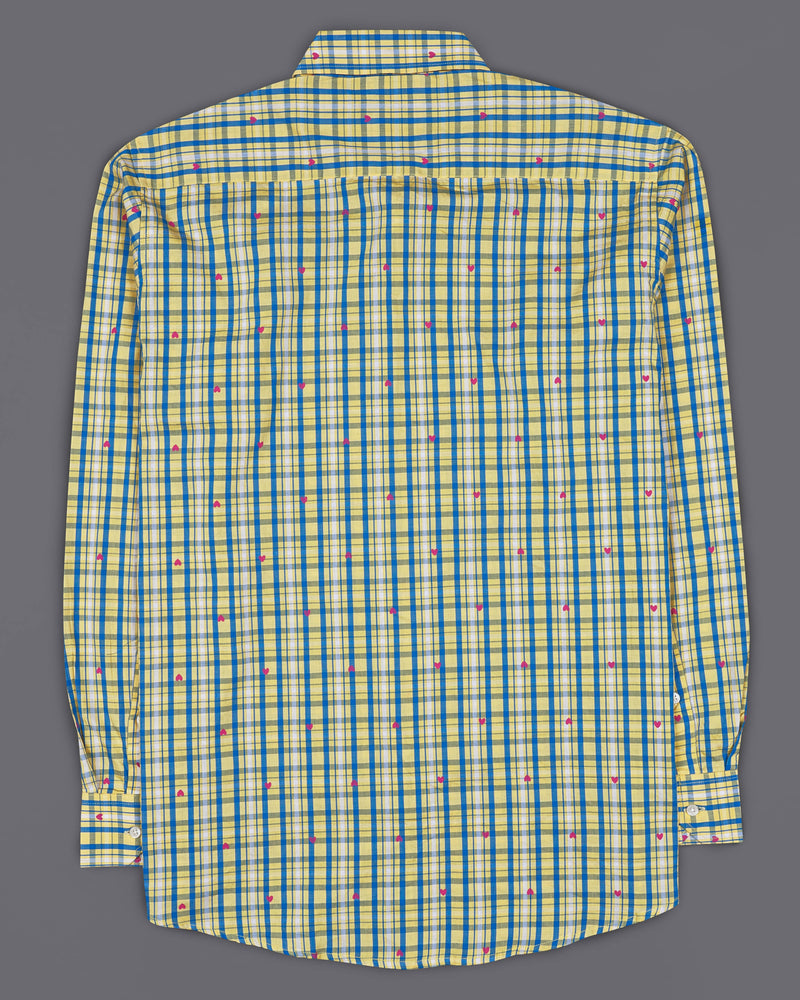 Marzipan Yellow with Matisse Blue Checkered with Heart Printed Premium Cotton Shirt