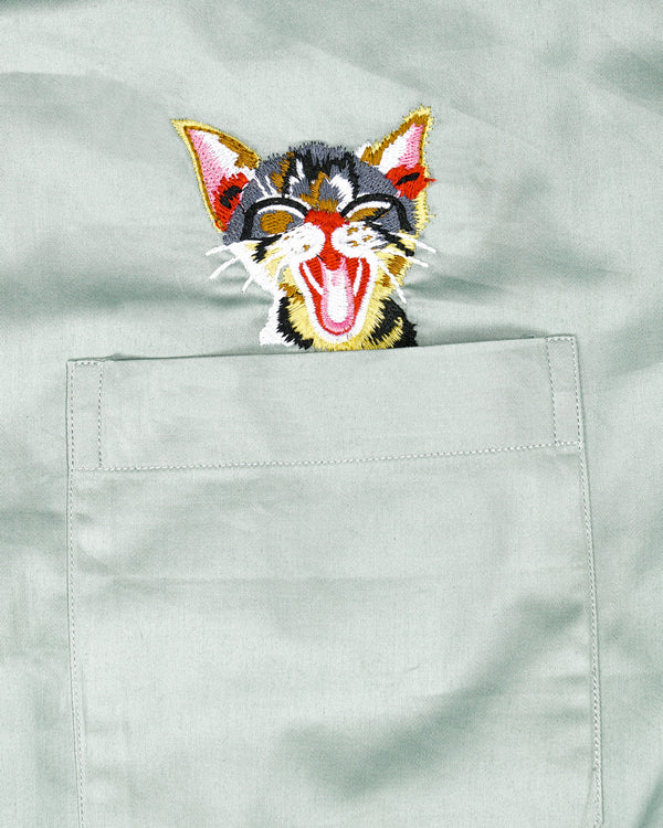 Geyser Green Cat Embroidered Super Soft Premium Cotton Designer Shirt