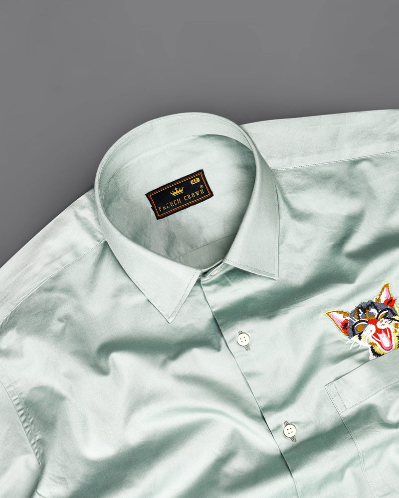 Geyser Green Cat Embroidered Super Soft Premium Cotton Designer Shirt