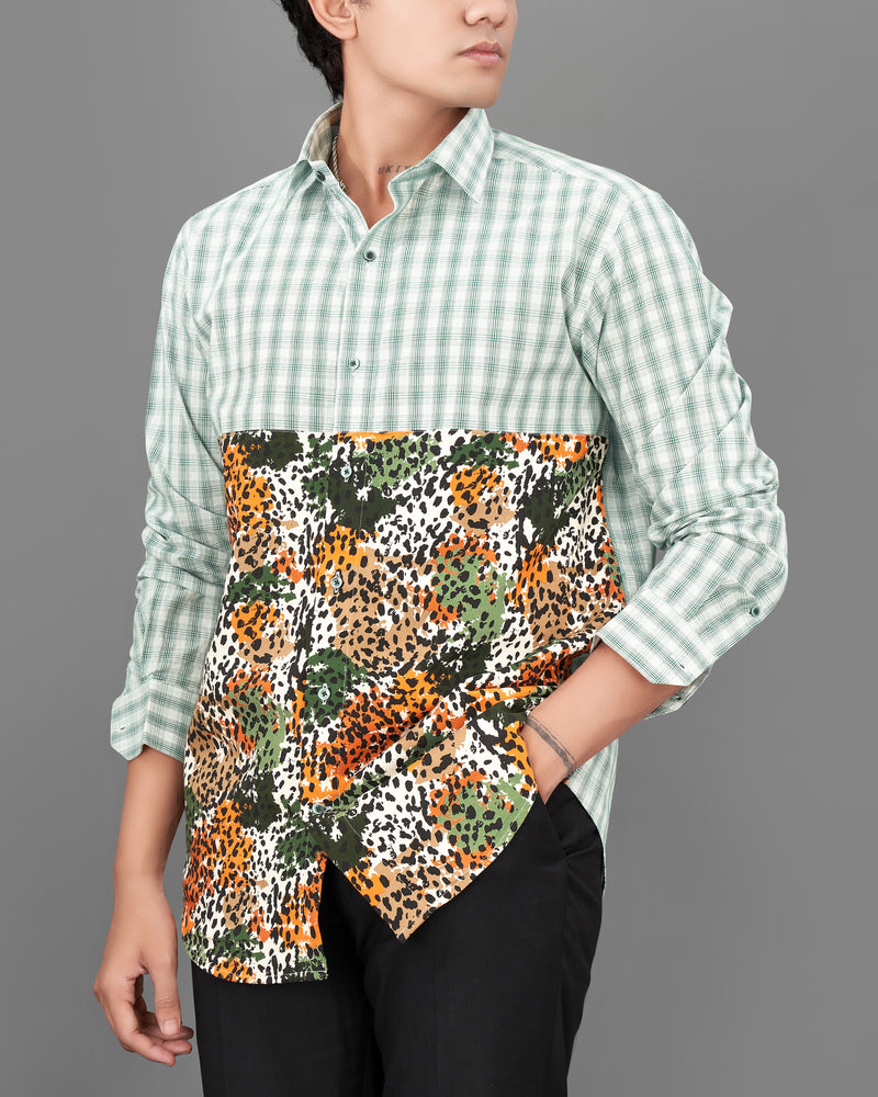 Plantation Green with White Checkered and Tiger Striped Premium Cotton Designer Shirt