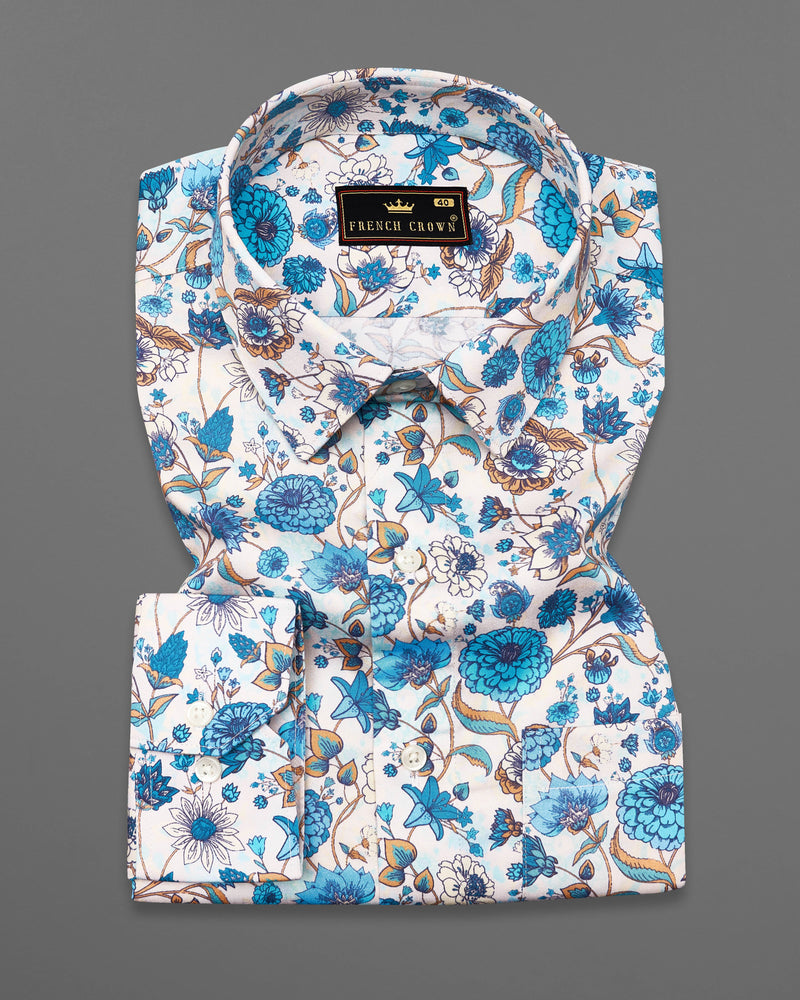 Off White with Bondi Blue Floral Printed Super Soft Premium Cotton Shirt 9147-38,9147-H-38,9147-39,9147-H-39,9147-40,9147-H-40,9147-42,9147-H-42,9147-44,9147-H-44,9147-46,9147-H-46,9147-48,9147-H-48,9147-50,9147-H-50,9147-52,9147-H-52