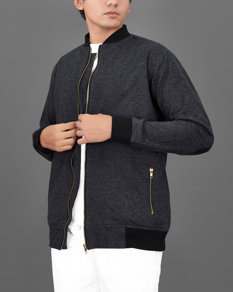 Charcoal Black Flannel Designer Bomber Jacket With Side Zipper Pockets