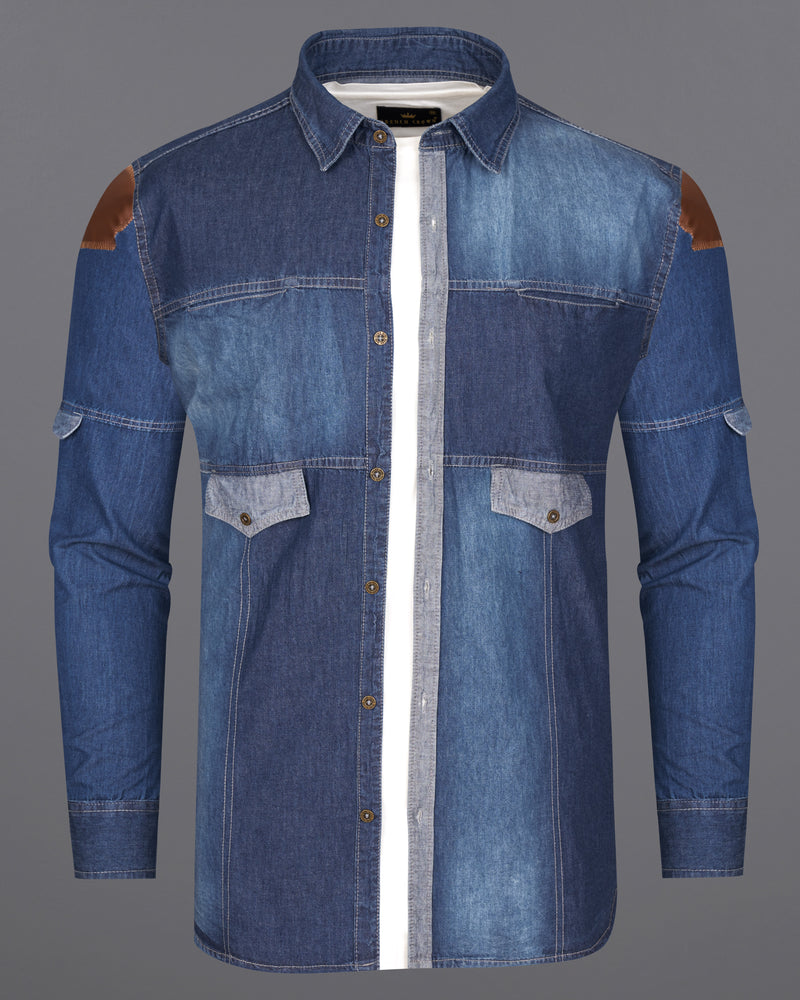 Muted Blue with Midnight Navy Blue Summer Denim Designer Shirt With Leather Patch Work