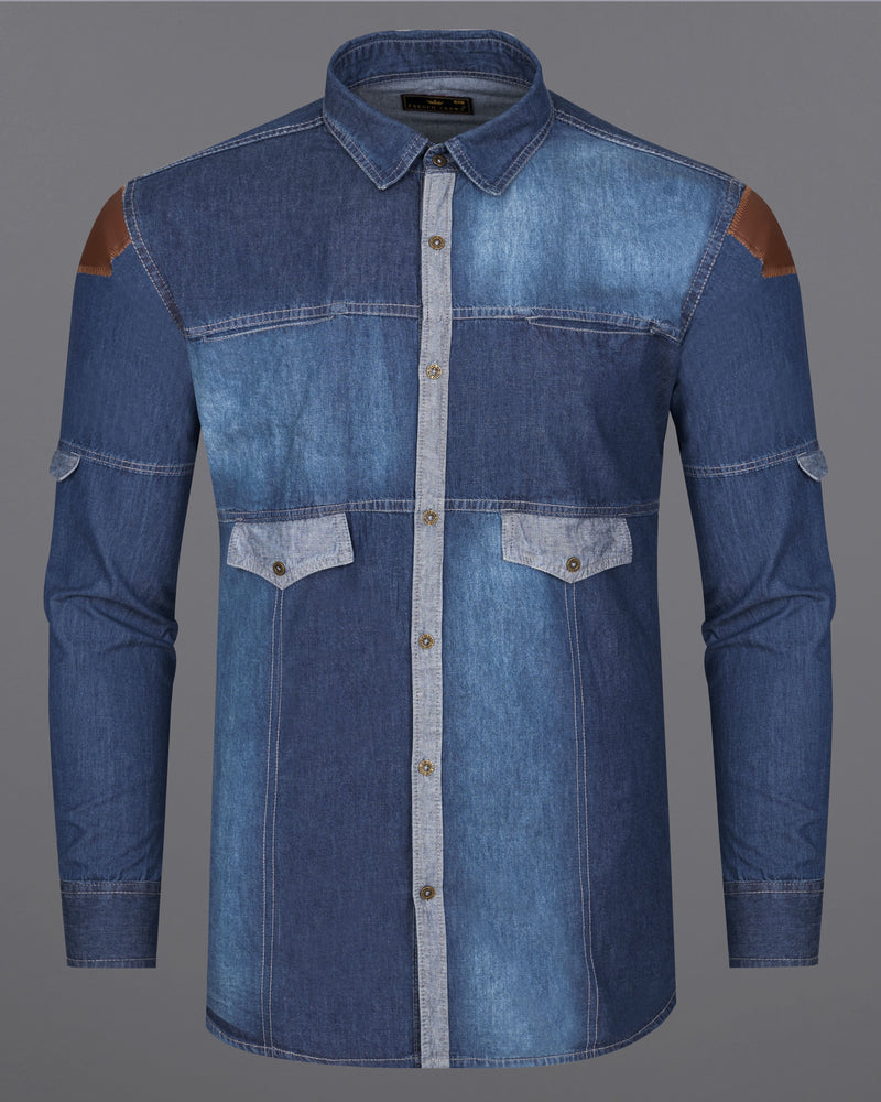 Muted Blue with Midnight Navy Blue Denim Shirt With Leather Patch Work 9198-MB-38,9198-MB-H-38,9198-MB-39,9198-MB-H-39,9198-MB-40,9198-MB-H-40,9198-MB-42,9198-MB-H-42,9198-MB-44,9198-MB-H-44,9198-MB-46,9198-MB-H-46,9198-MB-48,9198-MB-H-48,9198-MB-50,9198-MB-H-50,9198-MB-52,9198-MB-H-52