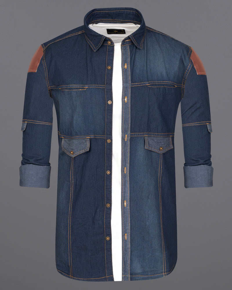 Outer Space Blue Denim Shirt  With Leather Patch Work 9199-MB-38,9199-MB-H-38,9199-MB-39,9199-MB-H-39,9199-MB-40,9199-MB-H-40,9199-MB-42,9199-MB-H-42,9199-MB-44,9199-MB-H-44,9199-MB-46,9199-MB-H-46,9199-MB-48,9199-MB-H-48,9199-MB-50,9199-MB-H-50,9199-MB-52,9199-MB-H-52