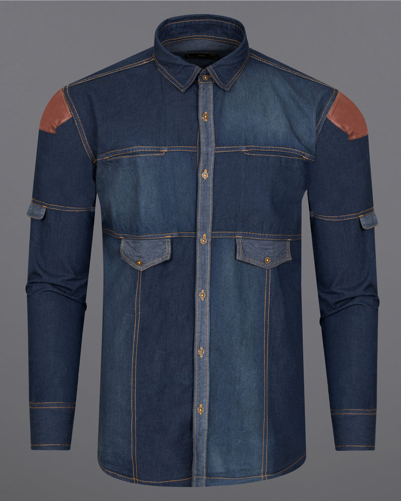 Outer Space Blue Denim Shirt  With Leather Patch Work 9199-MB-38,9199-MB-H-38,9199-MB-39,9199-MB-H-39,9199-MB-40,9199-MB-H-40,9199-MB-42,9199-MB-H-42,9199-MB-44,9199-MB-H-44,9199-MB-46,9199-MB-H-46,9199-MB-48,9199-MB-H-48,9199-MB-50,9199-MB-H-50,9199-MB-52,9199-MB-H-52