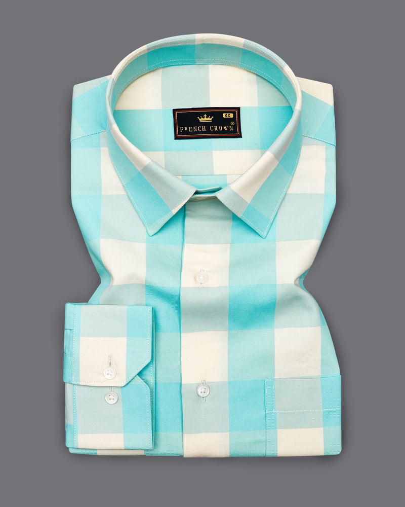 Pearl Aqua Blue with Off White Twill Checked Premium Cotton Shirt 9233-38, 9233-H-38, 9233-39, 9233-H-39, 9233-40, 9233-H-40, 9233-42, 9233-H-42, 9233-44, 9233-H-44, 9233-46, 9233-H-46, 9233-48, 9233-H-48, 9233-50, 9233-H-50, 9233-52, 9233-H-52