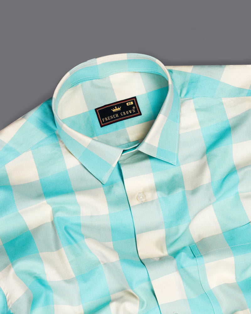 Pearl Aqua Blue with Off White Twill Checked Premium Cotton Shirt 9233-38, 9233-H-38, 9233-39, 9233-H-39, 9233-40, 9233-H-40, 9233-42, 9233-H-42, 9233-44, 9233-H-44, 9233-46, 9233-H-46, 9233-48, 9233-H-48, 9233-50, 9233-H-50, 9233-52, 9233-H-52