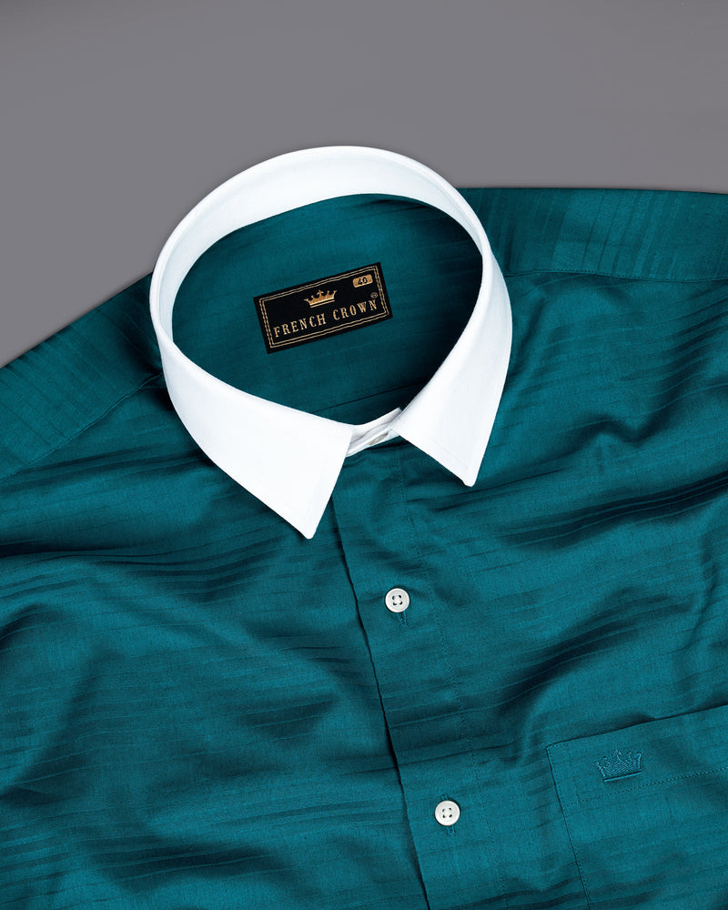 Deep Teal blue Striped with White Cuffs and Collar Dobby Textured Premium Giza Cotton Shirt 9325-WCC-38, 9325-WCC-H-38, 9325-WCC-39, 9325-WCC-H-39, 9325-WCC-40, 9325-WCC-H-40, 9325-WCC-42, 9325-WCC-H-42, 9325-WCC-44, 9325-WCC-H-44, 9325-WCC-46, 9325-WCC-H-46, 9325-WCC-48, 9325-WCC-H-48, 9325-WCC-50, 9325-WCC-H-50, 9325-WCC-52, 9325-WCC-H-52