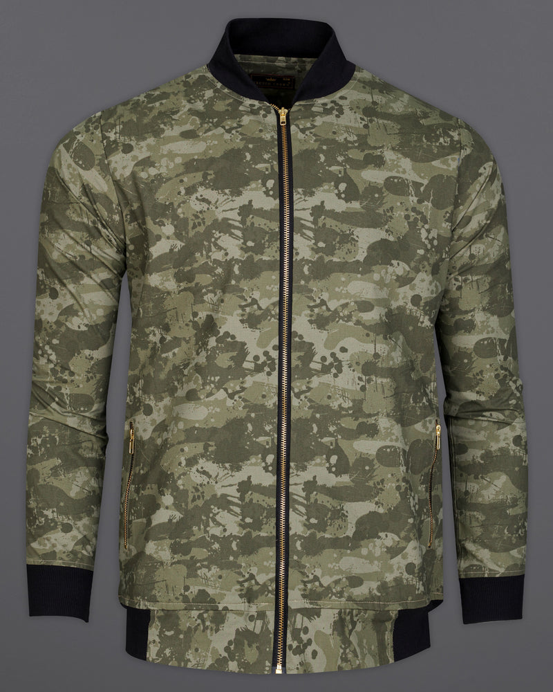 Olive Brown and Kabul Green Camouflage with Black Patch Work Royal Oxford Bomber Jacket 9386-BJ-38, 9386-BJ-39, 9386-BJ-40, 9386-BJ-42, 9386-BJ-44, 9386-BJ-46, 9386-BJ-48, 9386-BJ-50, 9386-BJ-52