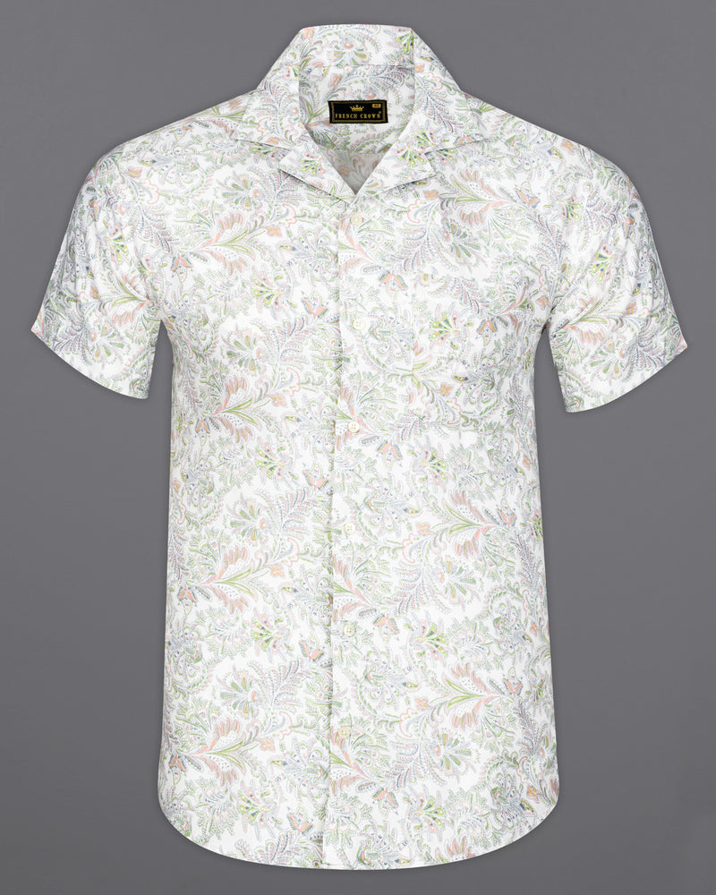 Bright White with Multicolour Tropical Printed Premium Tencel Half Sleeves Shirt