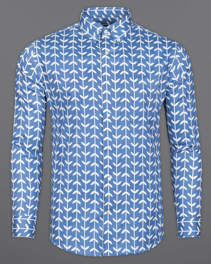 Glaucous Blue with Bright White Twill Printed Premium Cotton Shirt