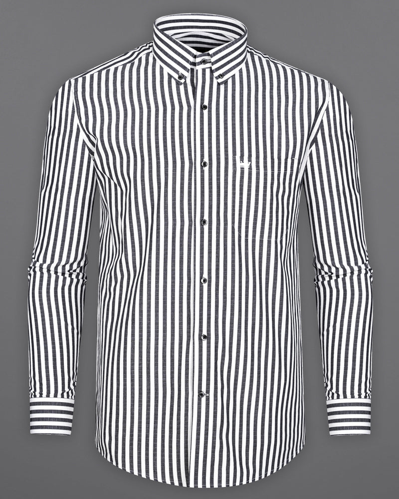 Charcoal Gray and White Striped Dobby Textured Premium Giza Cotton Shirt