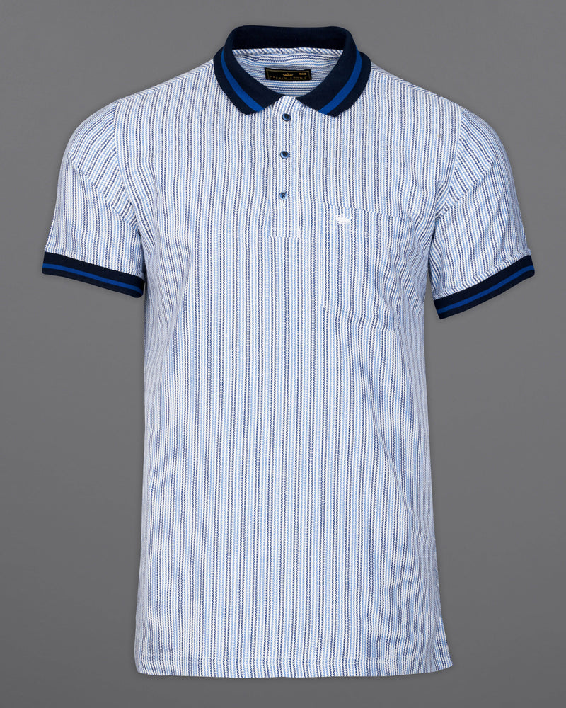 Cerulean with Glacier Blue Striped Dobby Textured Premium Giza Cotton Polo Shirt          9454-BLE-P392-H-38, 9454-BLE-P392-H-39, 9454-BLE-P392-H-40, 9454-BLE-P392-H-42, 9454-BLE-P392-H-44, 9454-BLE-P392-H-46, 9454-BLE-P392-H-48, 9454-BLE-P392-H-50,  9454-BLE-P392-H-52