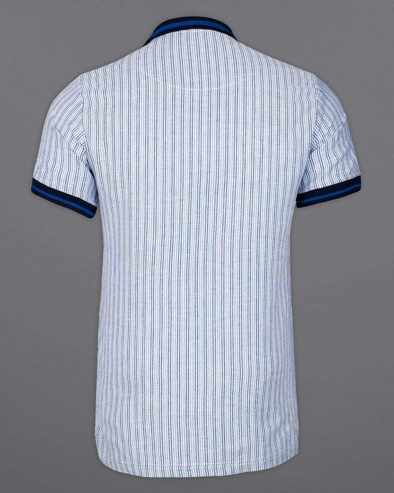 Cerulean with Glacier Blue Striped Dobby Textured Premium Giza Cotton Polo Shirt          9454-BLE-P392-H-38, 9454-BLE-P392-H-39, 9454-BLE-P392-H-40, 9454-BLE-P392-H-42, 9454-BLE-P392-H-44, 9454-BLE-P392-H-46, 9454-BLE-P392-H-48, 9454-BLE-P392-H-50,  9454-BLE-P392-H-52