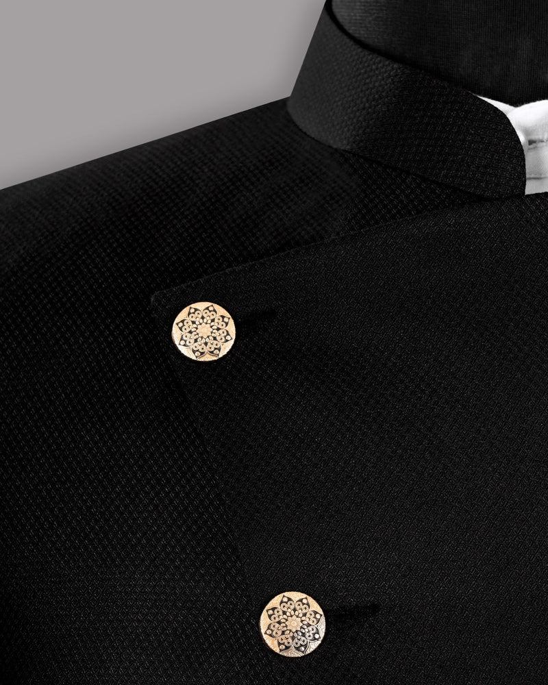 Jade black Diamond Textured Cross Button Bandhgala/Mandarin Wool-Silk blend Blazer