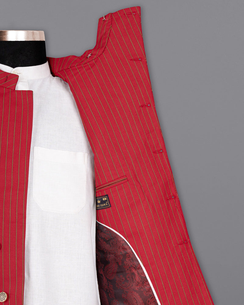 Medium Carmine Red Striped Wool Rich Cross Buttoned Bandhgala Blazer