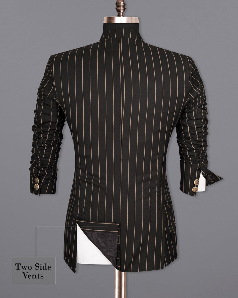 Jade Black Striped Cross Buttoned Wool Rich Bandhgala Blazer