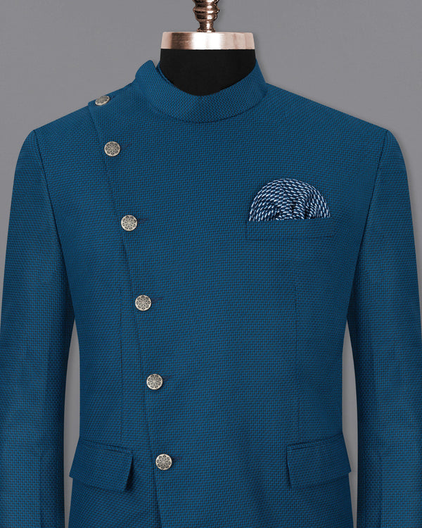 Orient Blue and Black Textured Cross-Buttoned Bandhgala Blazer