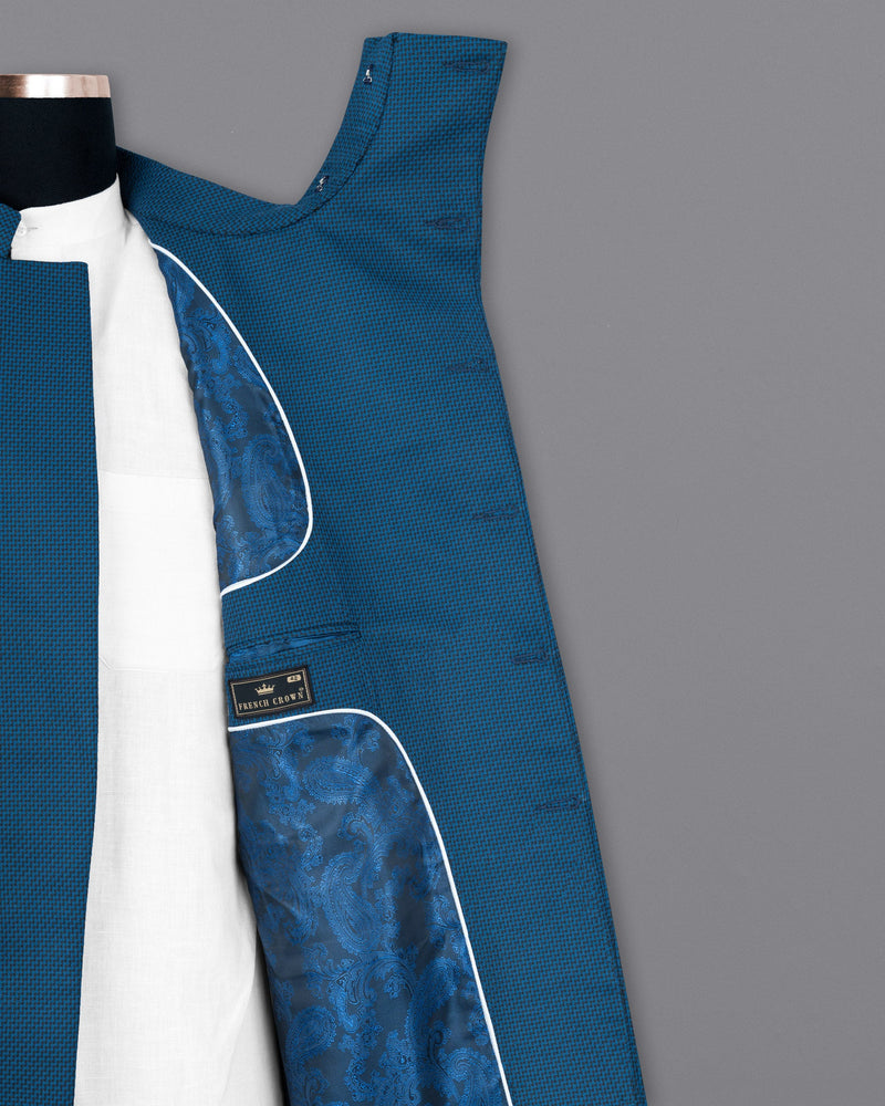 Orient Blue and Black Textured Cross-Buttoned Bandhgala Blazer