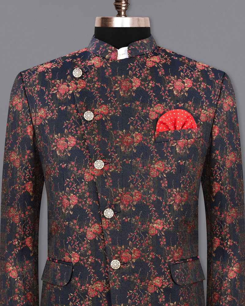 Rhino Blue with Rose Textured Cross Buttoned Bandhgala Designer Blazer